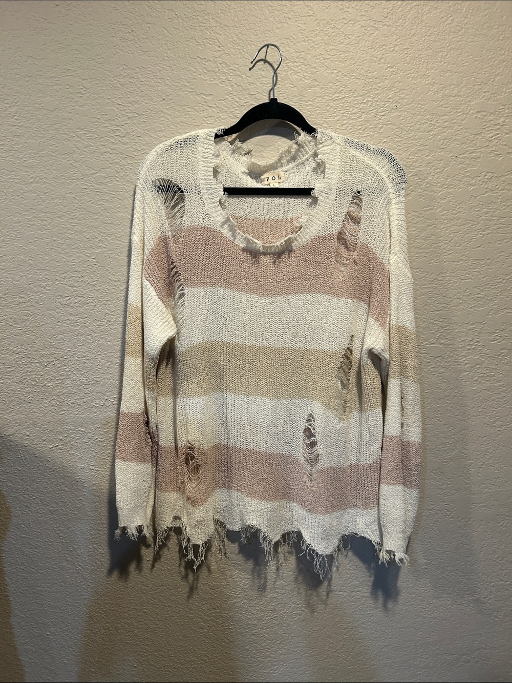 POL Striped Distressed Sweater in Cream, Blush & Tan